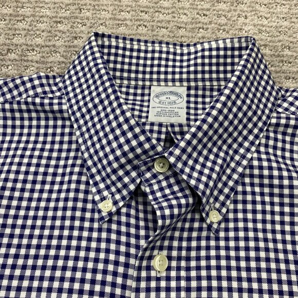 Brooks Brothers Button Down Shirt Men Extra Large XL Blue White Checkered Polo - Picture 4 of 9